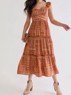 Trixxi Teresa Tiered Bow Back Midi Dress large rust cream